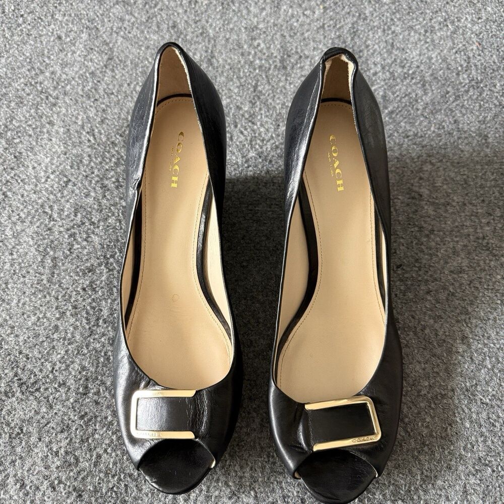 Coach Elsa Black Leather Slip-On Peep Toe Wedge Heel Buckle Logo 11B